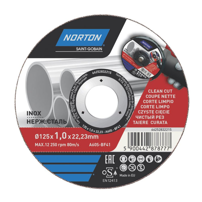 Disque à tronçonner pour métal/acier inoxydable Norton 5" (125mm) x 1 x 22,2mm 