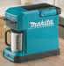 Category Image: A blue Makita cordless coffee machine with a built-in mug, designed to be powered by various Makita lithium batteries on top of a kitchen worktop.