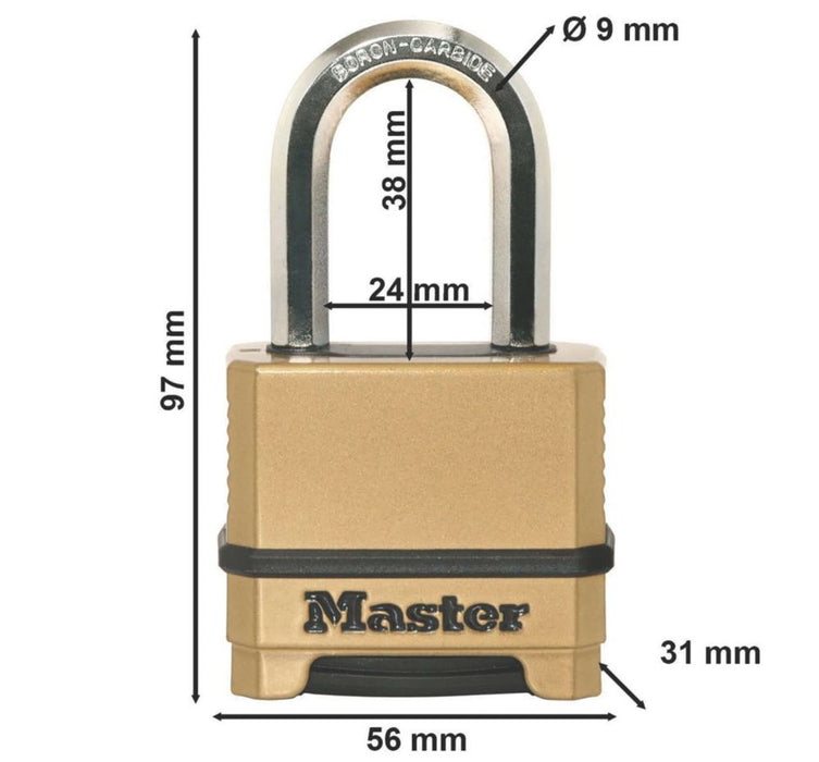 Master Lock Excell - Candado de combinación resistente a la intemperie de 56 mm en color latón