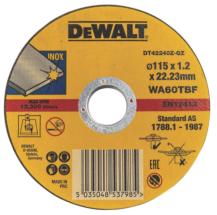 DeWalt, discos de corte para metal y acero inoxidable DT42335TZ-QZ de 115 mm (4 1/2") x 1,2 x 22,2 mm, pack de 10