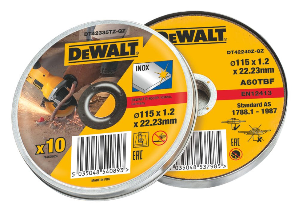 DeWalt, discos de corte para metal y acero inoxidable DT42335TZ-QZ de 115 mm (4 1/2") x 1,2 x 22,2 mm, pack de 10