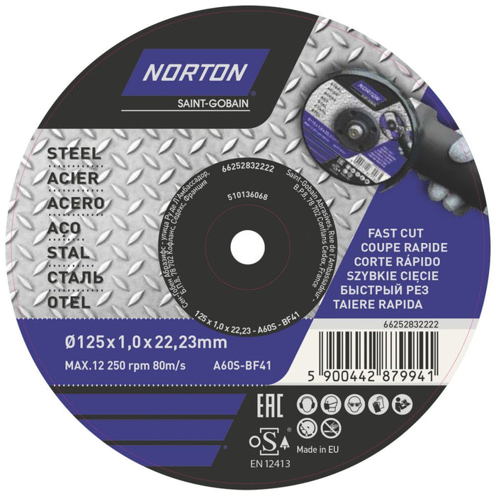 Lot de 5 disques à tronçonner pour métal Norton 5" (125mm) x 1 x 22,23mm