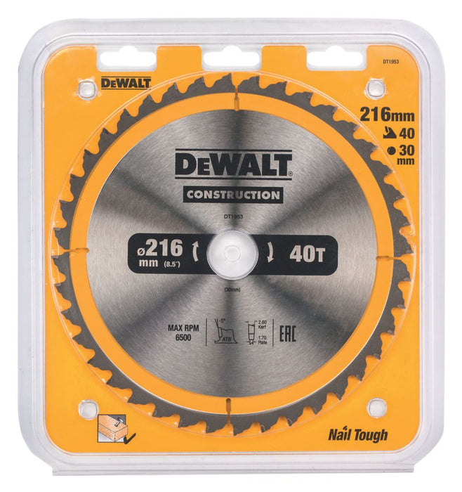 DeWalt, hoja de sierra circular TCT para madera/clavos de 216 x 30 mm 40T