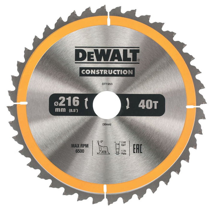 DeWalt, hoja de sierra circular TCT para madera/clavos de 216 x 30 mm 40T