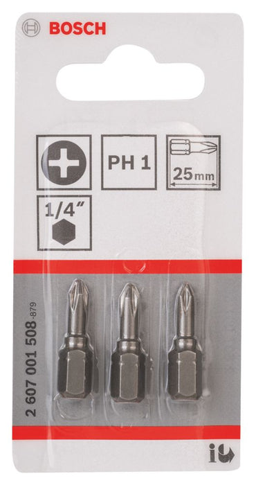 Bosch, puntas para destornillador PH1 con vástago hexagonal de 1/4" de 25 mm, pack de 3