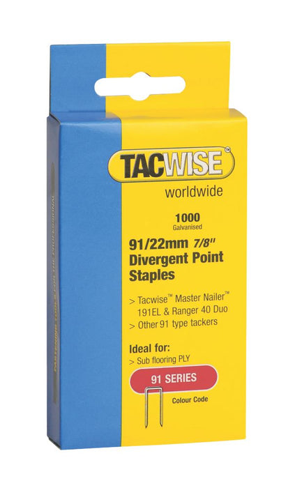 Tacwise 91 Series Divergent Point Staples Galvanised 22mm x 5.95mm 1000 Pack