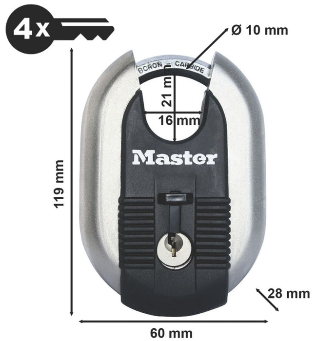 Master Lock Excell - Candado de disco de grillete cerrado de acero inoxidable resistente a la intemperie de 60 mm