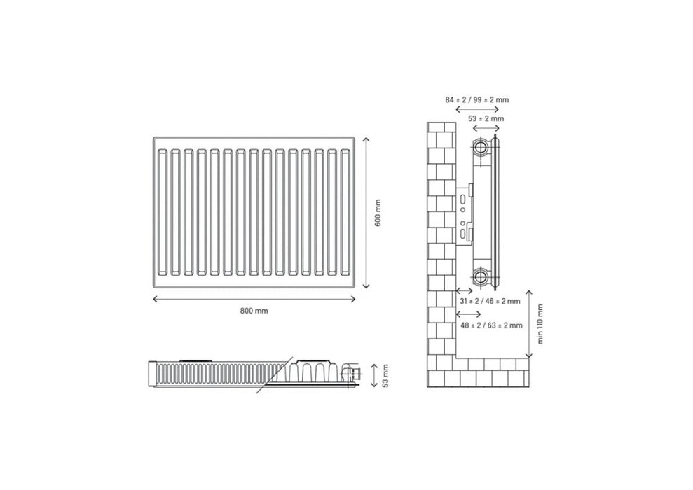 Grzejnik konwektorowy typu 11 jednopłytowy z pojedynczym ożebrowaniem Flomasta 600 x 800 mm biały 2595 BTU