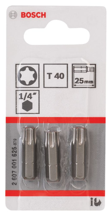 Bosch, puntas para destornillador TX40 con vástago hexagonal de 1/4" de 25 mm, pack de 3