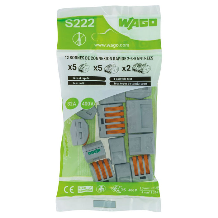 Wago - Pack de 12 conectores de palanca S222, 2/3 o 5 polos, 32 A
