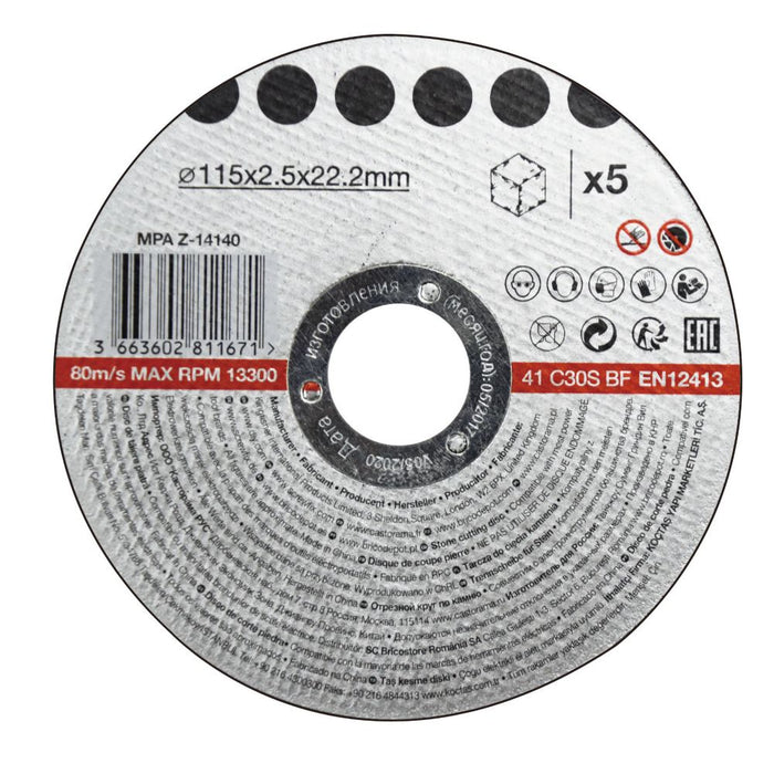 Discos de corte para metal/mampostería, 4,5" (115 mm) × 2,5 × 22,2 mm, pack de 5