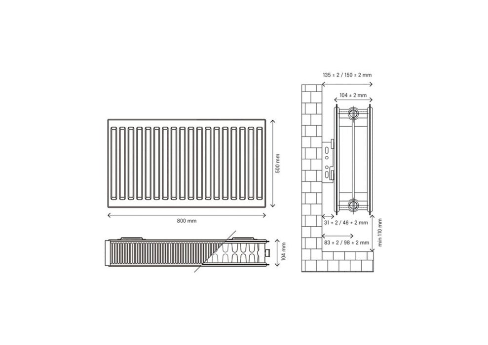 Radiateur eau chaude à double panneau Flomasta type 22 500 x 800mm blanc