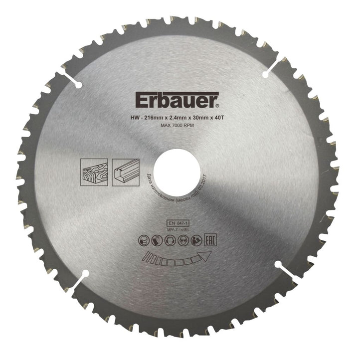 Erbauer, hoja de sierra TCT para aluminio de 216 x 30 mm 40T