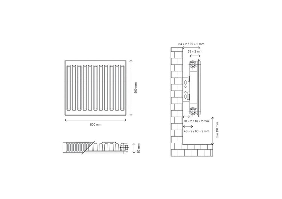 Grzejnik konwektorowy typu 11 jednopłytowy z pojedynczym ożebrowaniem Flomasta 500 x 800 mm biały 2218 BTU