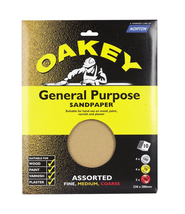 Oakey, papeles de lija sin perforar de varios granos de 280 x 230 mm, pack de 10