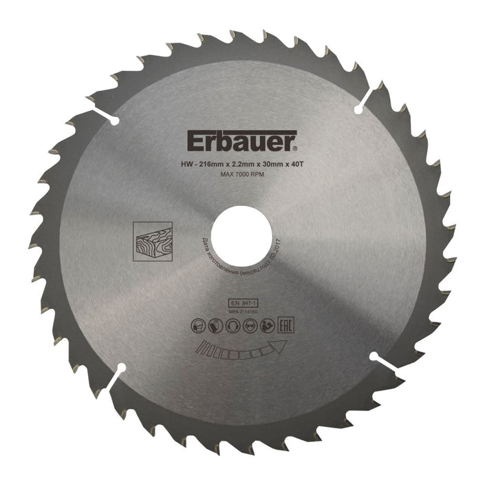 Erbauer, hoja de sierra TCT para madera de 216 x 30 mm 40T
