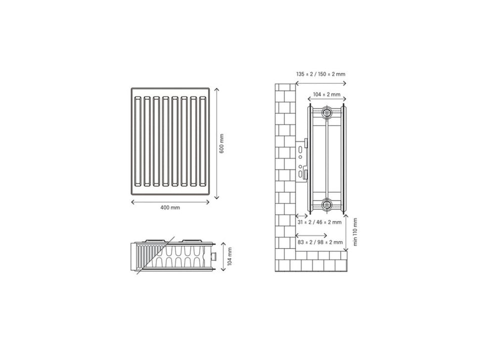 Flomasta  Type 22 Double-Panel Double Convector Radiator 600 x 400mm White 2333BTU