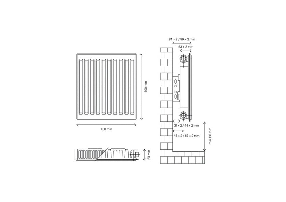 Radiateur eau chaude à simple panneau Flomasta type 11 600 x 400mm blanc