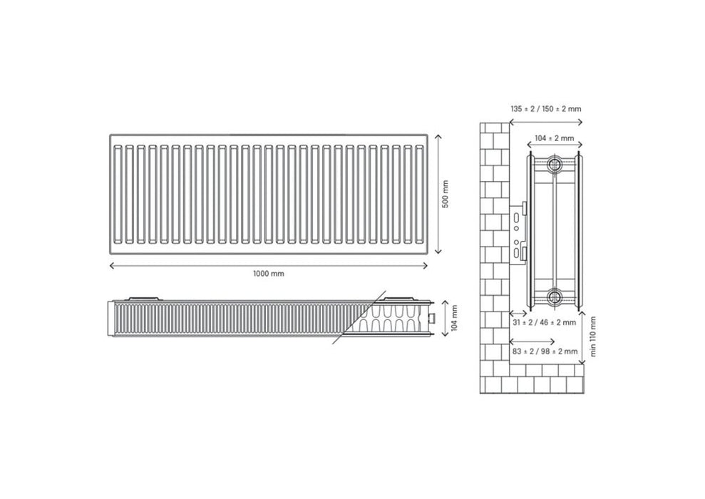 Grzejnik konwektorowy typu 22 dwupłytowy z podwójnym ożebrowaniem Flomasta 500 x 1000 mm biały 5021 BTU