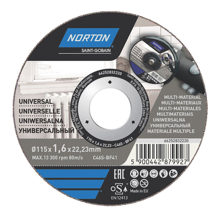 Lot de 5 disques à tronçonner multi-matériaux Norton 4½" (115mm) x 1,6 x 22,23mm