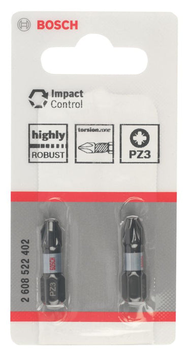 Bosch, puntas para destornillador de control de impacto PZ3 con vástago hexagonal de 1/4" de 25 mm, pack de 2