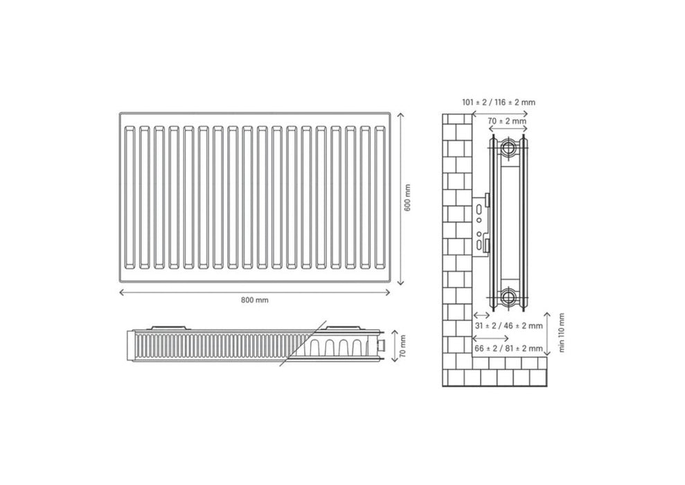 Grzejnik konwektorowy typu 21 dwupłytowy z pojedynczym ożebrowaniem Flomasta 600 x 800 mm biały 3648 BTU