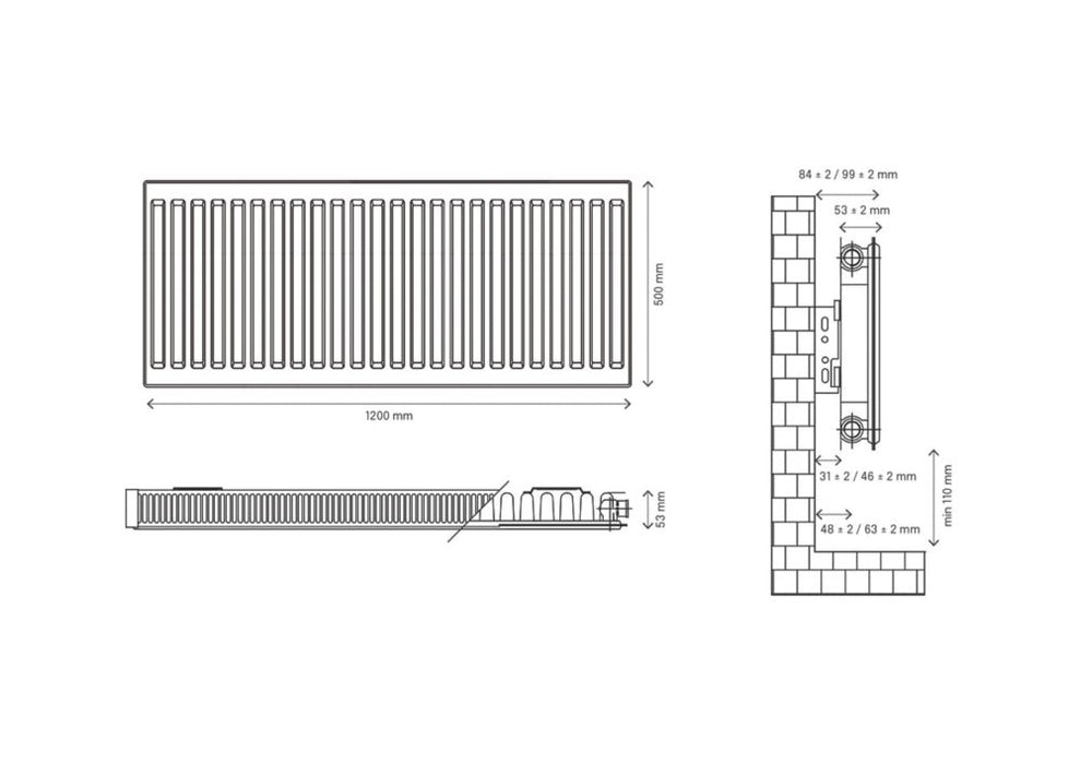 Radiateur eau chaude à simple panneau Flomasta type 11 500 x 1200mm blanc