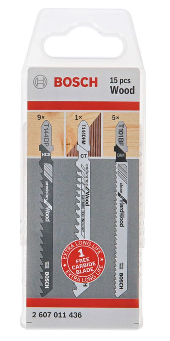 Bosch, hojas de sierra de calar para madera 2.607.011.436, juego de 15 piezas