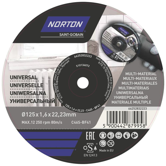 Norton, discos de corte multimaterial de 5" (125 mm) x 1,6 x 22,23 mm, pack de 5