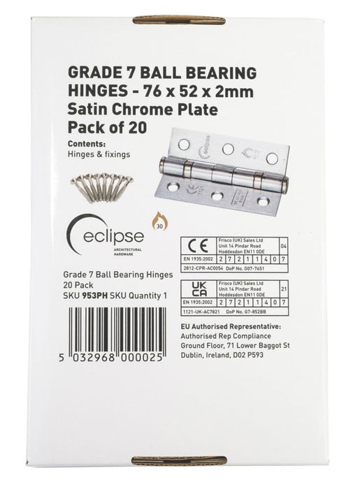 Eclipse - Bisagras con rodamiento de bolas para puertas cortafuegos de grado 7, cromado satinado, 76 x 51 mm, pack de 20
