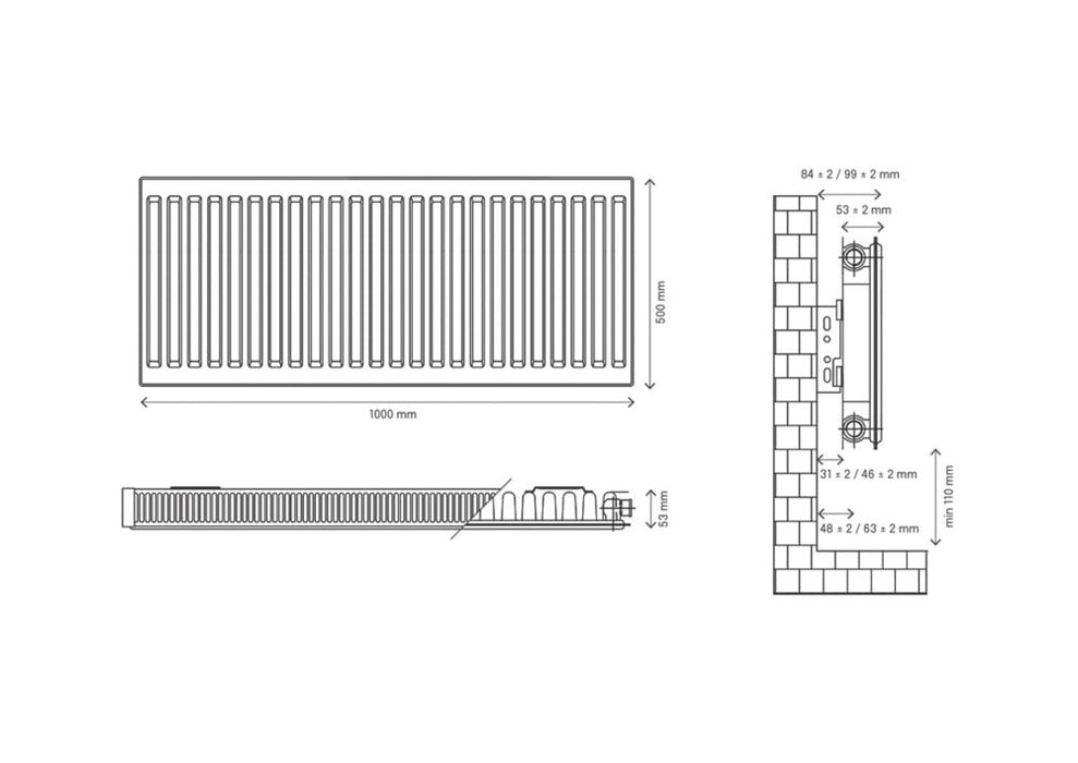 Radiateur eau chaude à simple panneau Flomasta type 11 500 x 1000mm blanc