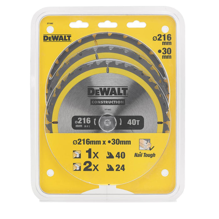 DeWalt, hoja de sierra circular para madera/plástico de 216 x 30 mm 24/40T, pack de 3