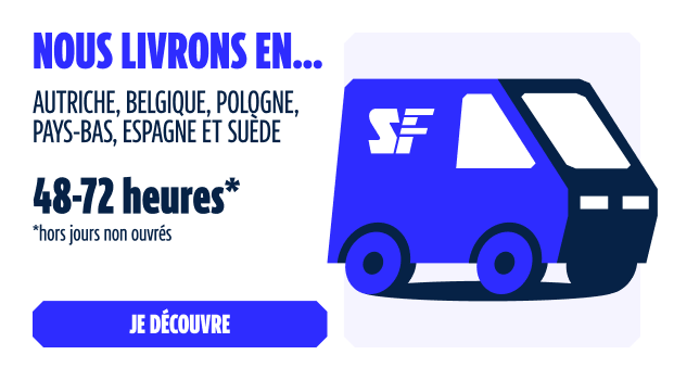 Nous livron en Autriche, Belgique, Pologne, Pays-Bas, Espagne et Suède. 48 à 72 heures hors jours non ouvres.