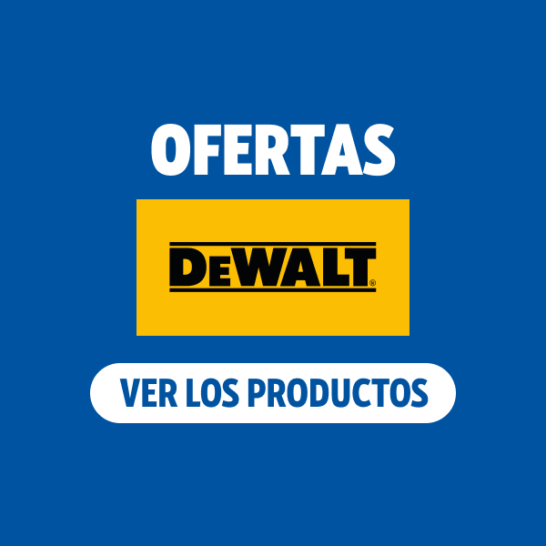 Logo de Dewalt sobre un rectángulo amarillo, encima de la palabra OFERTAS en blanco. Debajo, sobre un fondo azul, hay una forma rectangular blanca que dice VER PRODUCTOS.