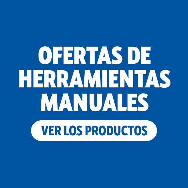 Fondo azul con texto blanco que dice OFERTAS EN HERRAMIENTAS MANUALES, y una forma rectangular blanca debajo que dice VER PRODUCTOS.