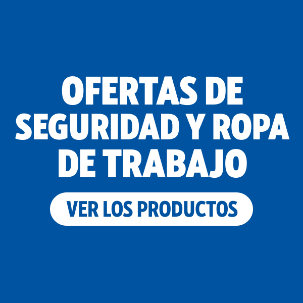 Fondo azul con texto blanco que dice OFERTAS EN SEGURIDAD Y ROPA DE TRABAJO, y una forma rectangular blanca debajo que dice VER PRODUCTOS.