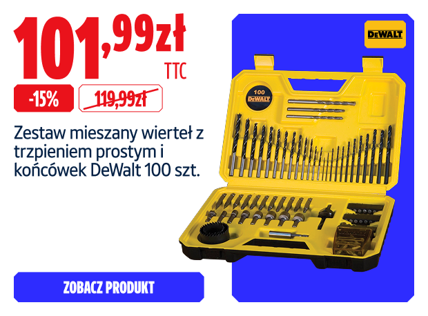 Oszczędź  15% Zestaw mieszany wierteł z trzpieniem prostym i końcówek DeWalt 100 szt. 101.99  zł
