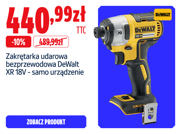 Oszczędź  10% Zakrętarka udarowa bezprzewodowa DeWalt XR 18V — samo urządzenie 440.99  zł
