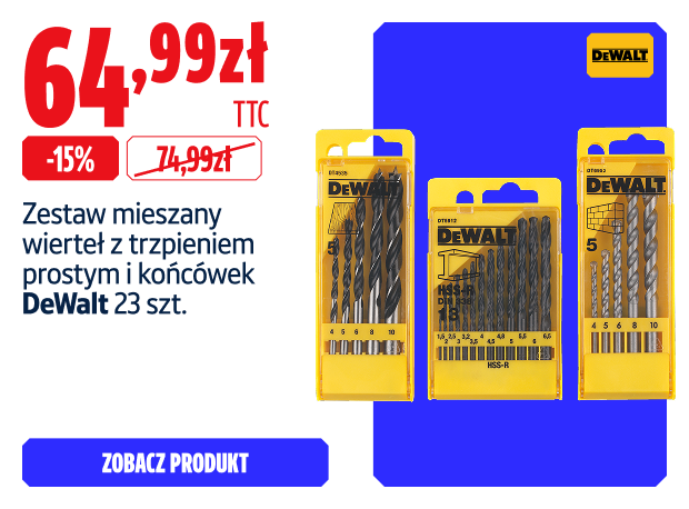 Oszczędź  16% Zestaw mieszany wierteł z trzpieniem prostym i końcówek DeWalt 23 szt. 64.99  zł
