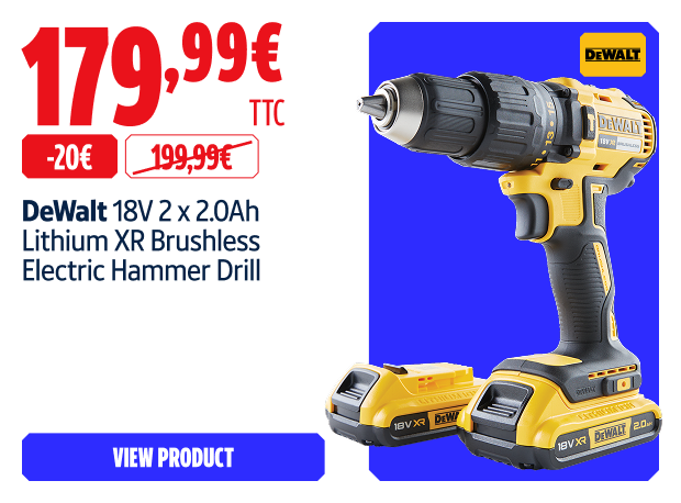 Save 20€ DeWalt DCD778D2TA 18V 2 x 2.0Ah Lithium XR Brushless Electric Hammer Drill 179.99 € 
