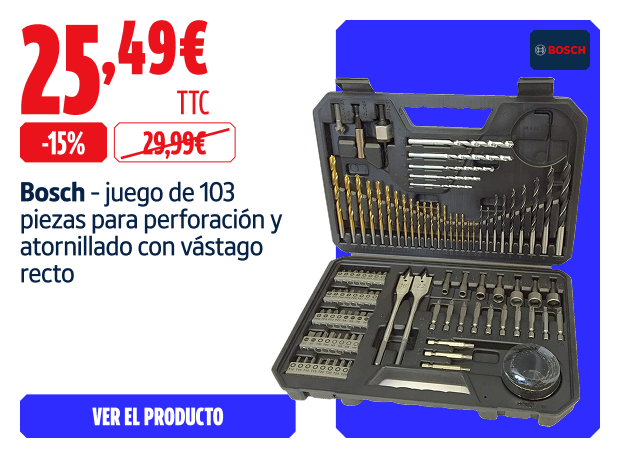 Ahorre  15% Bosch, juego de 103 piezas para perforación y atornillado con vástago recto 25.49 €
