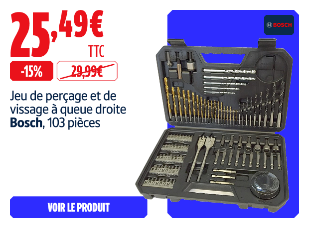 économisez  15% Jeu de perçage et de vissage à queue droite Bosch, 103 pièces 25.49 €
