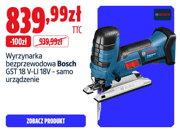Oszczędź  11% Wyrzynarka bezprzewodowa Bosch GST 18 V-LI 18V — samo urządzenie 839.99  zł
