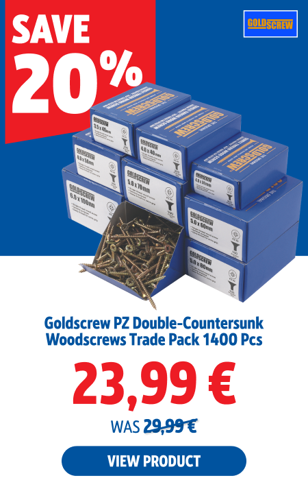 Save 20%, Goldscrew  PZ Double-Countersunk Woodscrews Trade Pack 1400 Pcs, 23,99 €