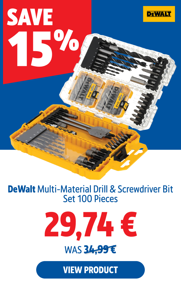 Save 15% DeWalt  Multi-Material Drill & Screwdriver Bit Set 100 Pieces 29.74 € 