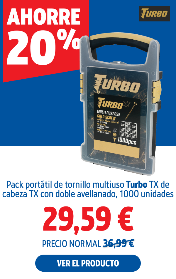 Ahorre  20% Pack portátil de tornillo multiuso Turbo TX de cabeza TX con doble avellanado, 1000 unidades 29.59 €.