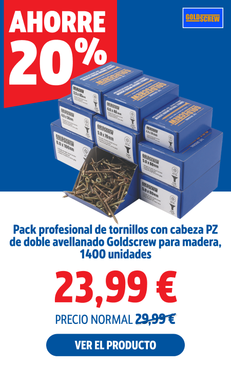 Ahorre 20%, Pack profesional de tornillos con cabeza PZ de doble avellanado Goldscrew para madera, 1400 unidades, 23.99 €