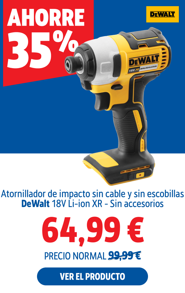 Ahorre  35% Atornillador de impacto sin cable y sin escobillas DeWalt 18V Li-ion XR - Sin accesorios 64.99 €.