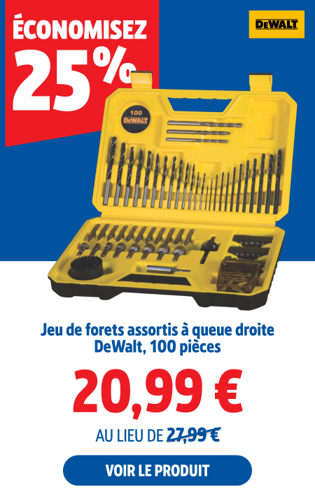 économisez 25%, Jeu de forets assortis à queue droite DeWalt, 100 pièces, 20.99 €