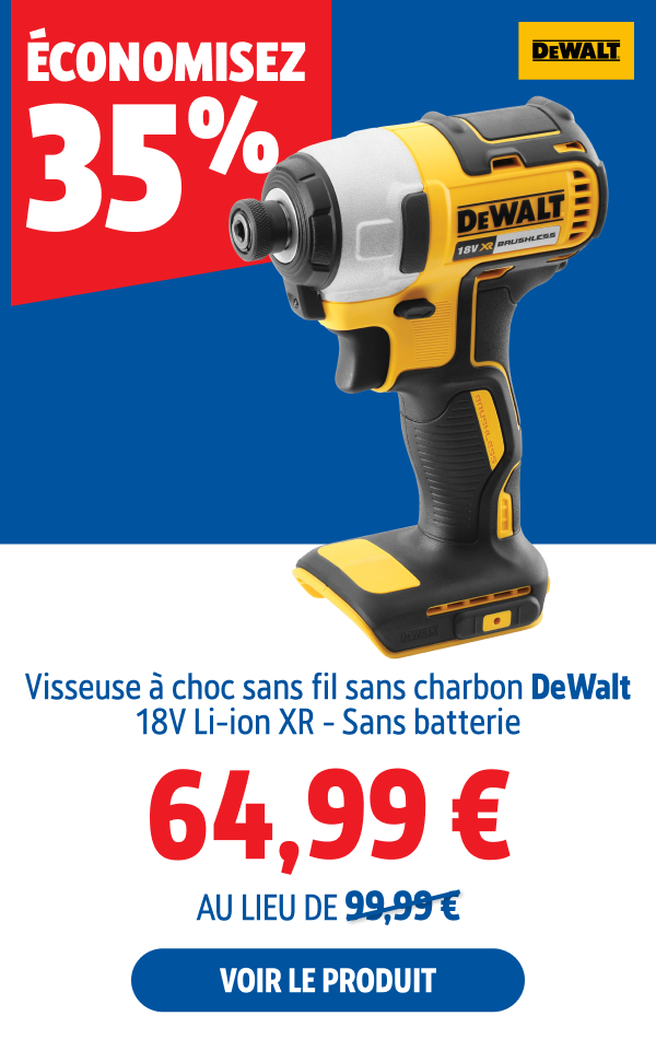 économisez  35% Visseuse à choc sans fil sans charbon DeWalt 18V Li-ion XR - Sans batterie 64.99 €